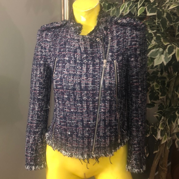 ZARA BLUE tweed  MOTO JACKET size S - Picture 2 of 6